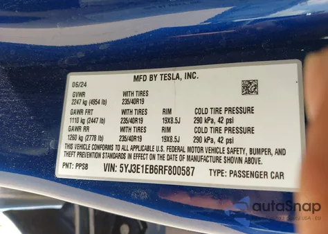 2024 Tesla Model 3 Long Range Dual Motor All-Wheel Drive from USA, damaged, VIN 5YJ3E1EB6RF800587